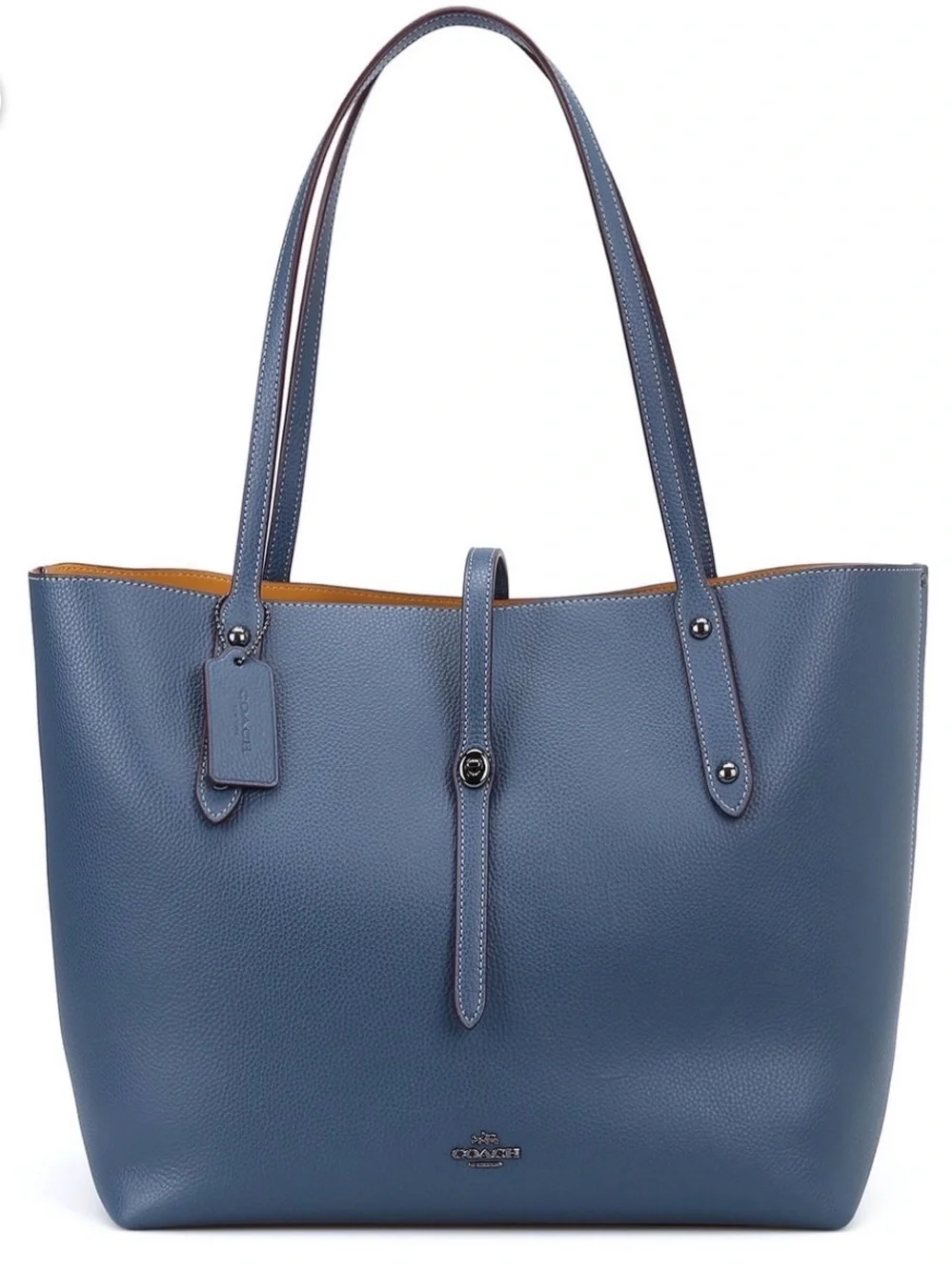 Coach Leather Market Large Tote in Denim Blue with Marigold Interior
